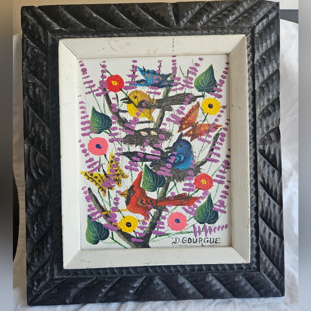 Vintage Hatian Framed Bird Art By Gourgue Decourcelle